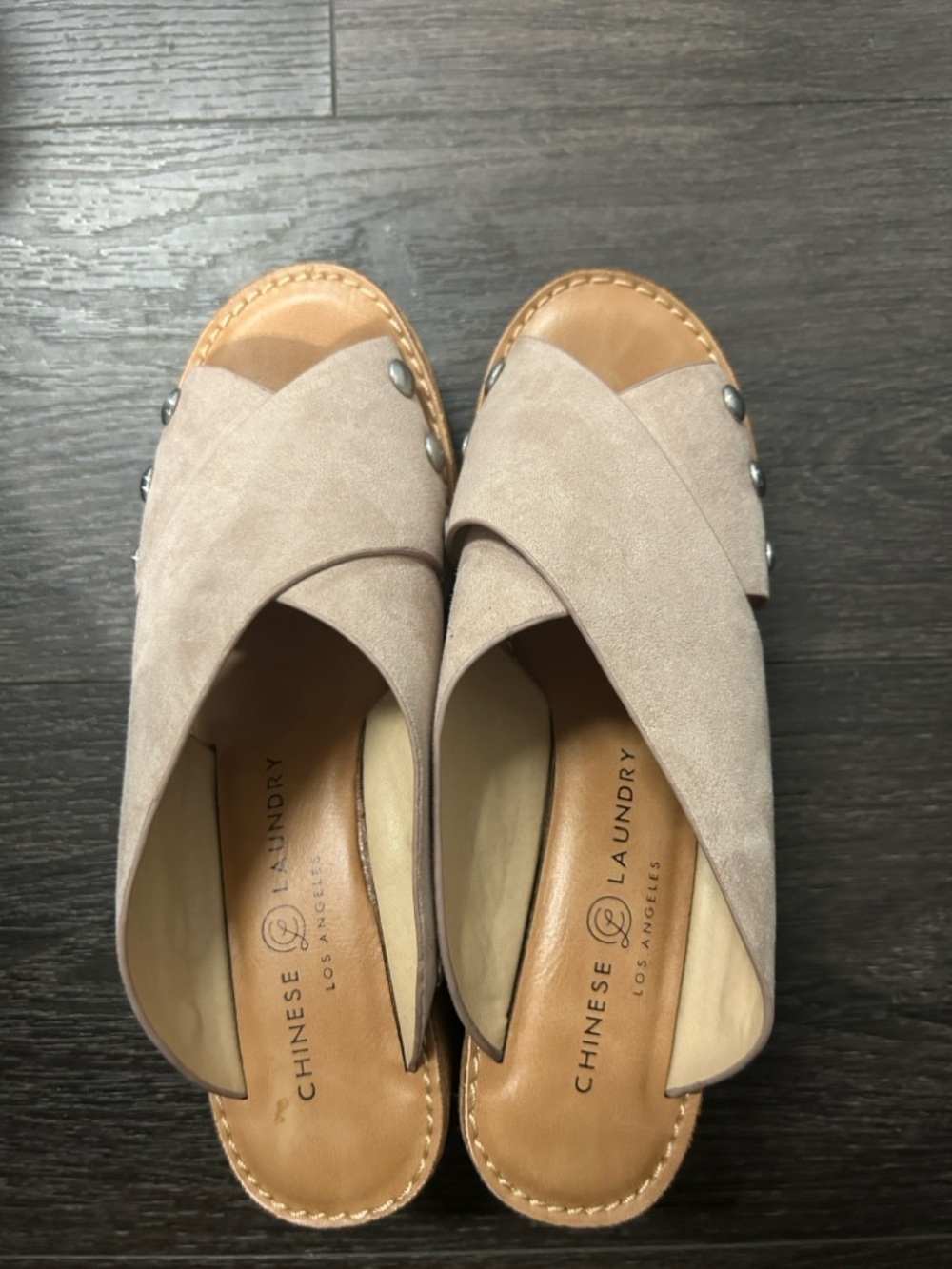 Chinese Laundry Taupe Blush Suede Cork Wedge Studded Sandals - Picture 4 of 6